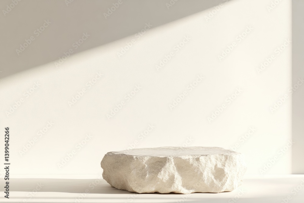 Minimalist, light beige rock pedestal, sunlit display