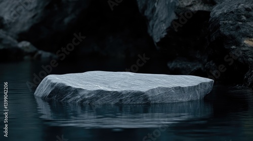 A serene, flat rock rests placidly on dark water, surrounded by shadowy, craggy rocks