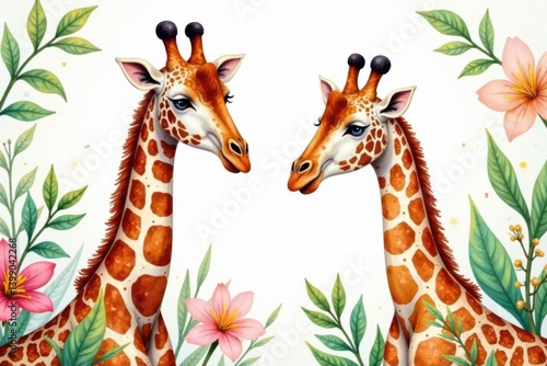 Watercolor giraffes surrounded by leaves and flowers, giraffe, watercolor