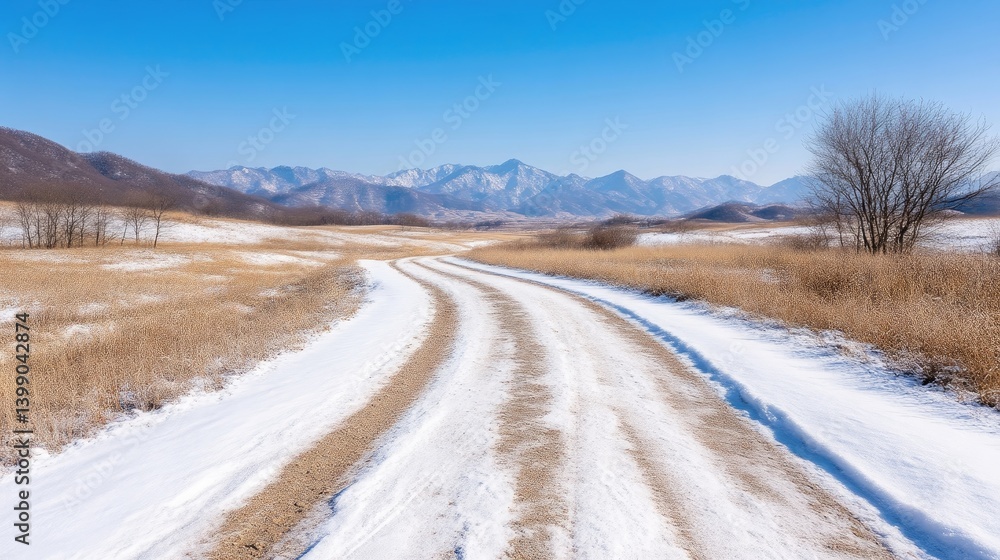 Snowy Country Road Winter Landscape High-Resolution Panoramic View Light Snow Covering Winding Path Mountain Range Backdrop Cold Serene Tones Ideal for Travel Brochures