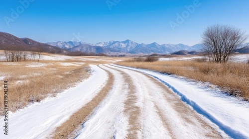 Obraz na płótnie Snowy Country Road Winter Landscape High-Resolution Panoramic View Light Snow Covering Winding Path Mountain Range Backdrop Cold Serene Tones Ideal for Travel Brochures w salonie