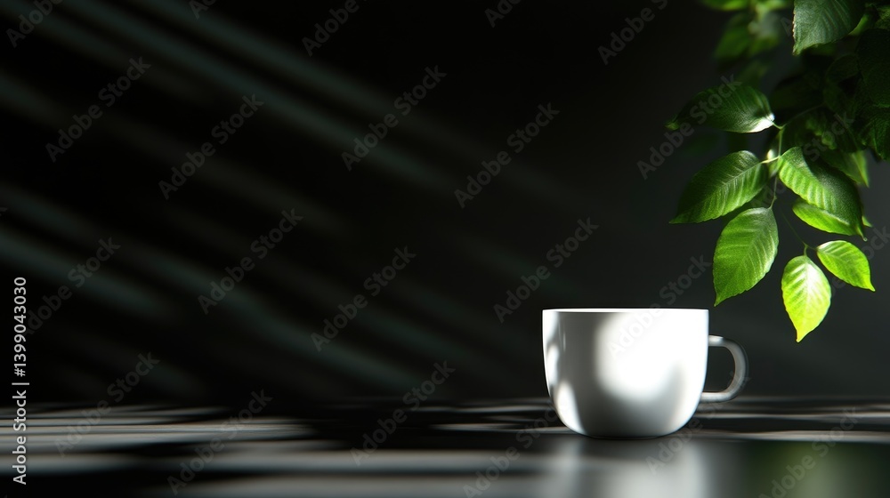 White mug, green leaves, dark background