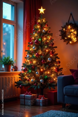 Christmas tree lit up with colorful fairy lights and ornaments in a cozy living room, holiday decor, holly