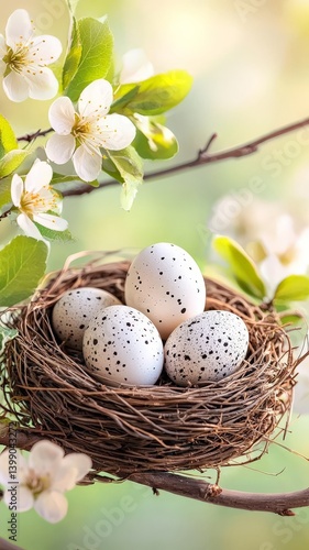 Colorful decorated Easter eggs placed near a wicker basket on a green surface, embodying the festive and joyful vibe of Easter celebrations