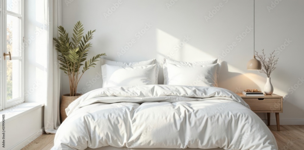 Bed with white linens and pillows in a minimalist Scandinavian bedroom, pillow, Scandinavian Bed with white linens and pillows in a minimalist Scandinavian bedroom, pillow, Scandinavian