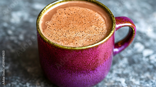 Warm cocoa drink in purple mug, cozy kitchen setting, perfect for winter recipes