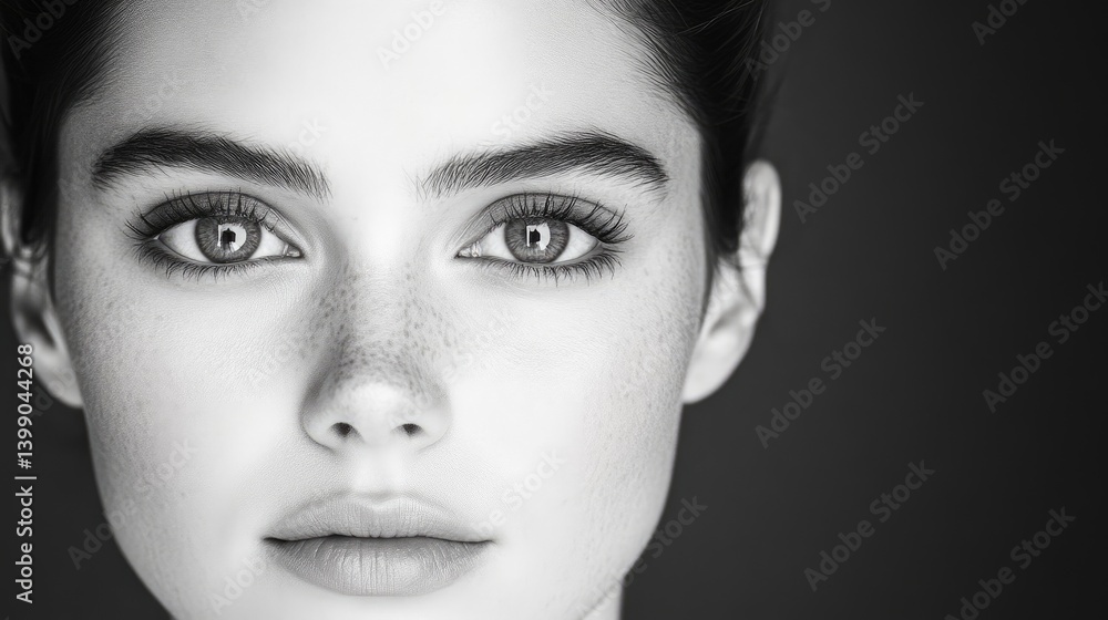 Womans Face Subtle Freckles Studio Portrait High-contrast Lighting Close-up frontal view Natural beauty Calm contemplation Dark background Monochromatic elegance Ideal for beauty advertising