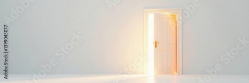 Elegant open door on a pristine white background, radiating warmth and invitation to explore and discover, white door, innocence, warm welcome