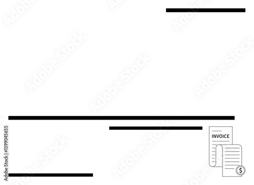 Minimalistic graphic featuring straight black abstract lines and a small stack of financial documents labeled INVOICE. Ideal for finance, accounting, billing, payment, organization, business