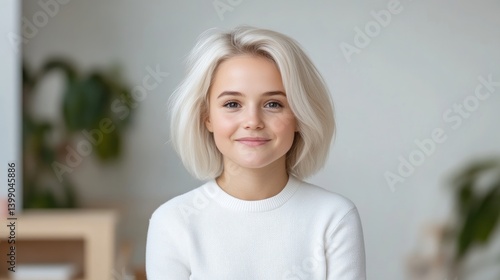 A young woman with short blonde hair smiling at the camera in a cozy indoor setting with blurred green plants in the background, natural light, and portrait style.