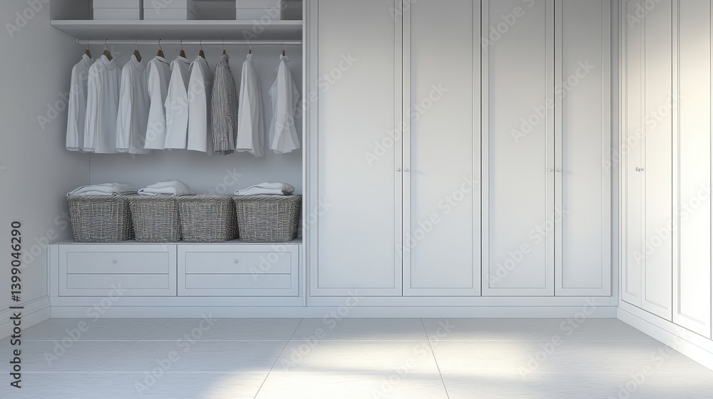 Organized room corner featuring minimal wardrobe, storage baskets, and clean lines Organized room corner featuring minimal wardrobe, storage baskets, and clean lines