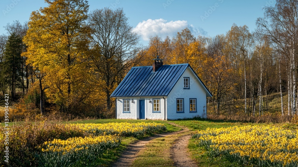Obraz premium Charming White House Surrounded by Vibrant Yellow Flowers in Autumn