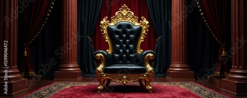 Golden throne with black velvet drapes and ornate details, luxury, palace