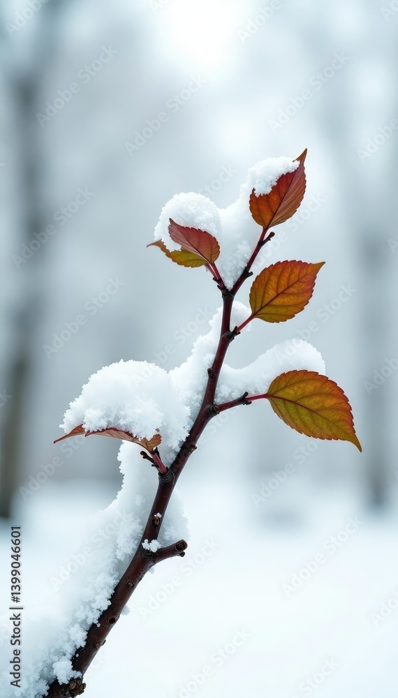 Snowy branch with few leaves isolated on white background, nature, forest, isolated objects Snowy branch with few leaves isolated on white background, nature, forest, isolated objects