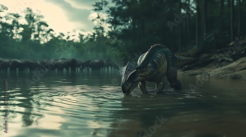 Fototapeta Naklejka Na Ścianę i Meble -  A dinosaur drinking from a river in a lush forest environment surrounded by numerous herbivorous dinosaurs in the background
