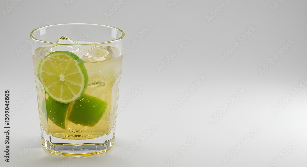 Refreshing beverage with lime slices and ice cubes in a clear glass, set against a simple studio backdrop, inviting refreshment. Refreshing beverage with lime slices and ice cubes in a clear glass, set against a simple studio backdrop, inviting refreshment.