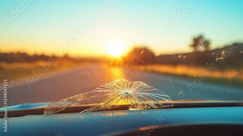 Side close-up of windshield with crack at the base near car's dashboard