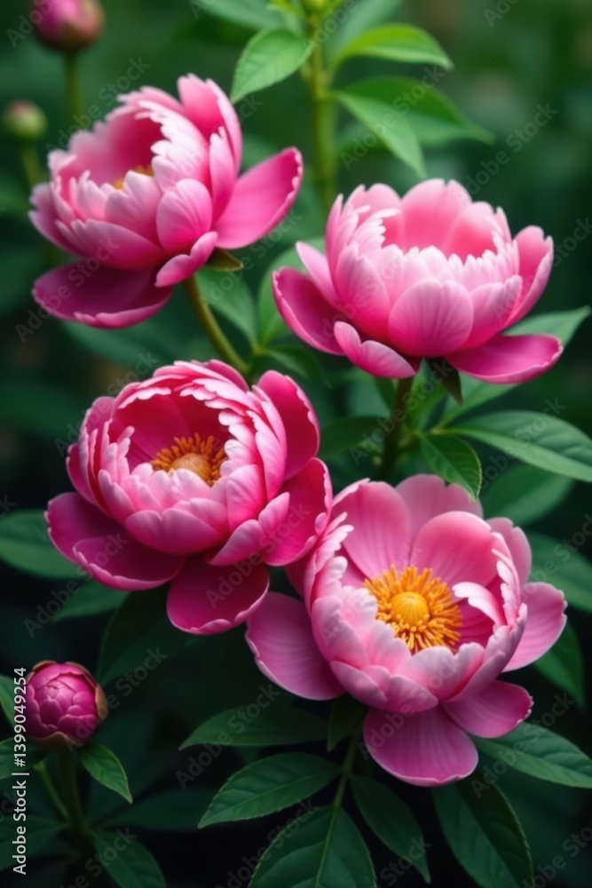 Obraz premium Peony flowers surrounded by greenery , foliage, garden