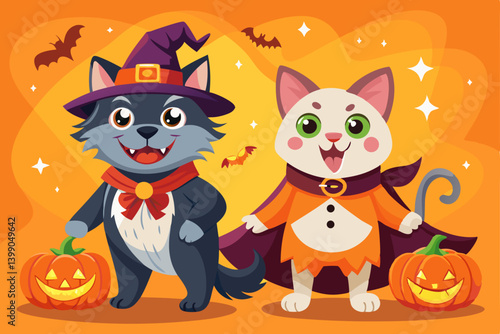 vector of Two pets in festive costumes pose for Halloween and show playful expressions on a bright orange background