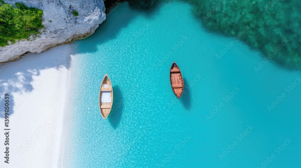 Pristine beach cove with two wooden boats. Crystal clear turquoise water, pristine white sand beach, and rocky cove