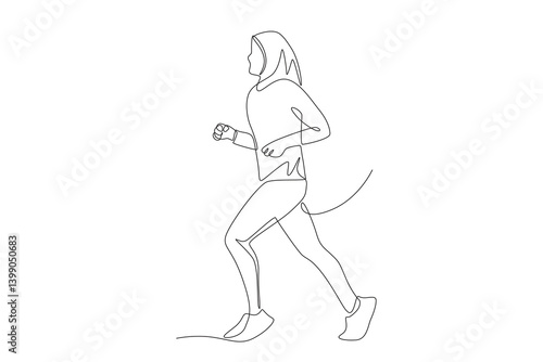 Muslim woman wearing hijab jogging. Hijabi jogging concept one-line drawing