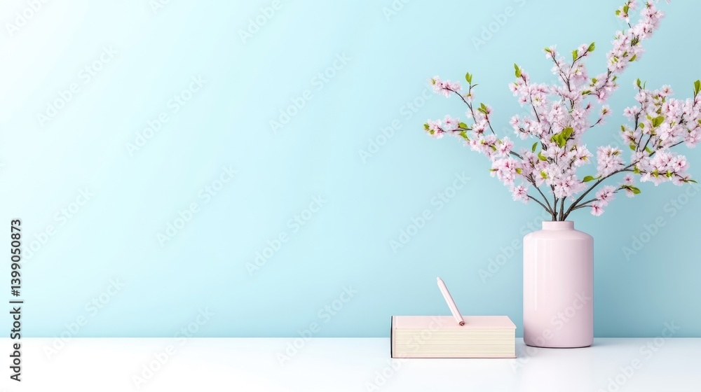 A delicate pink vase with blooming cherry blossoms on a minimalist white surface against a soft pastel blue wall, and serene home decor concept.