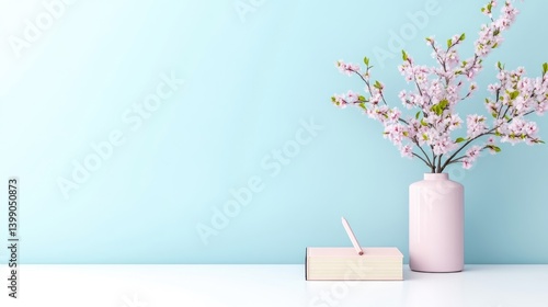 Obraz na płótnie A delicate pink vase with blooming cherry blossoms on a minimalist white surface against a soft pastel blue wall, and serene home decor concept. w salonie