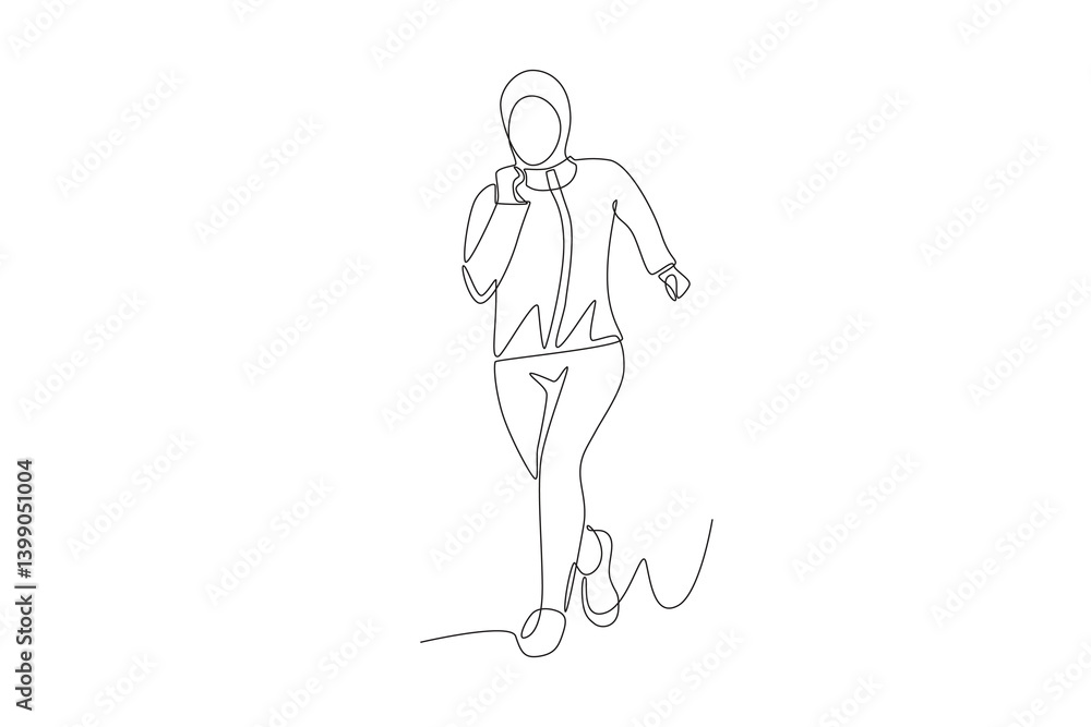 Muslim woman wearing hijab jogging. Hijabi jogging concept one-line drawing Muslim woman wearing hijab jogging. Hijabi jogging concept one-line drawing