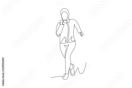 Muslim woman wearing hijab jogging. Hijabi jogging concept one-line drawing