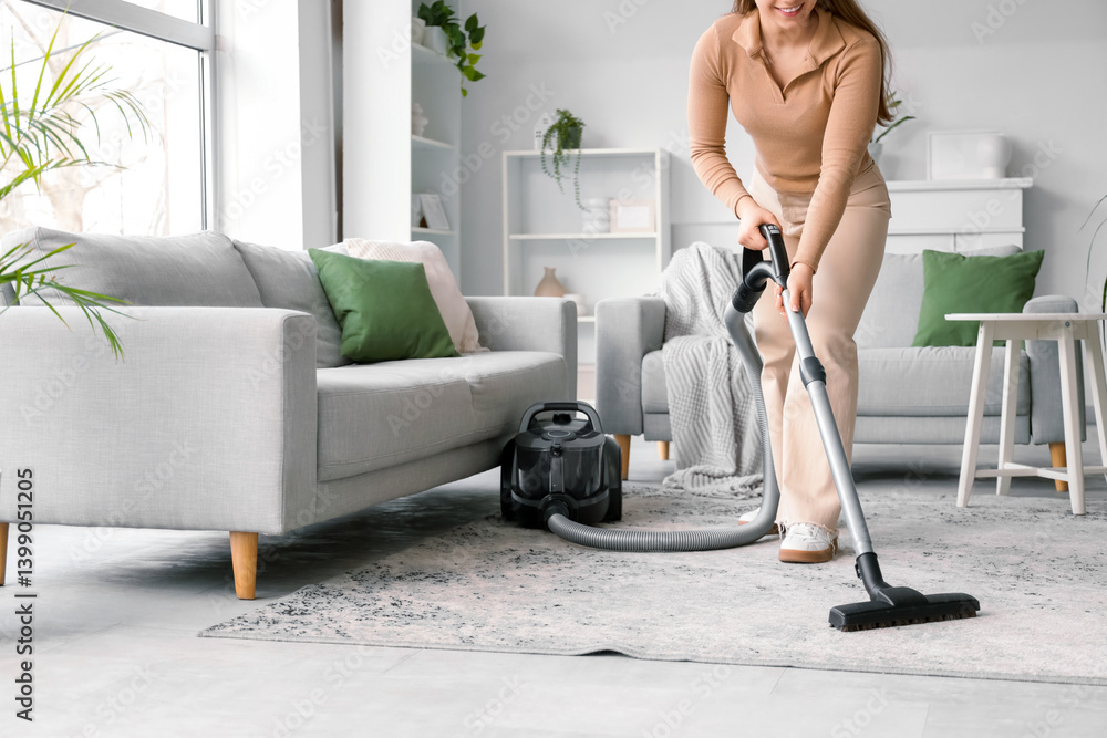 Young woman vacuum cleaning carpet in living room
