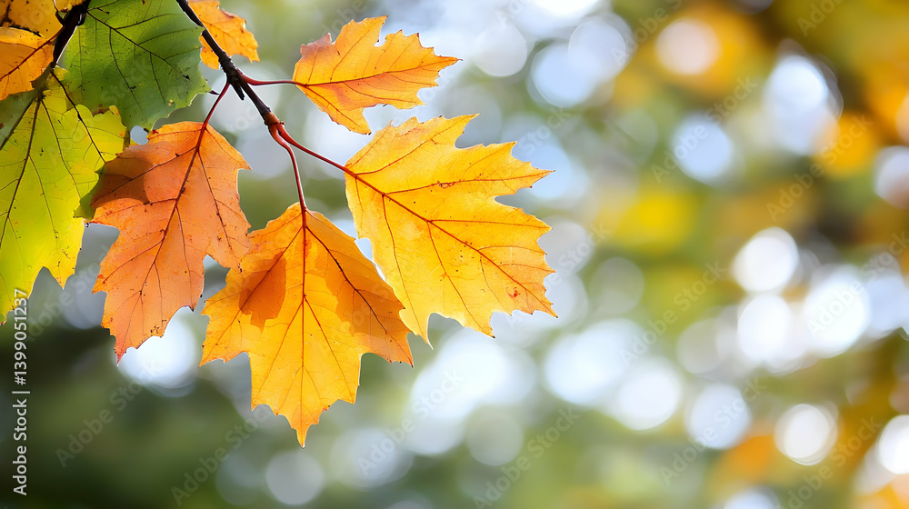 Fototapeta premium Autumn Leaves On Branch In Warm Sunlight