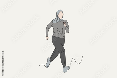 Colored muslim woman wearing hijab jogging. Hijabi jogging concept one-line drawing