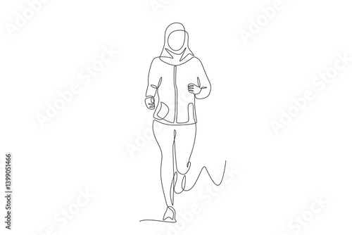Muslim woman wearing hijab jogging. Hijabi jogging concept one-line drawing