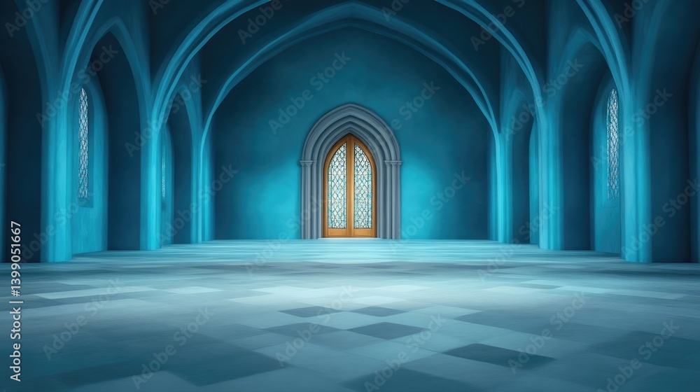 A grand, blue gothic hall with arched ceilings and an entryway
