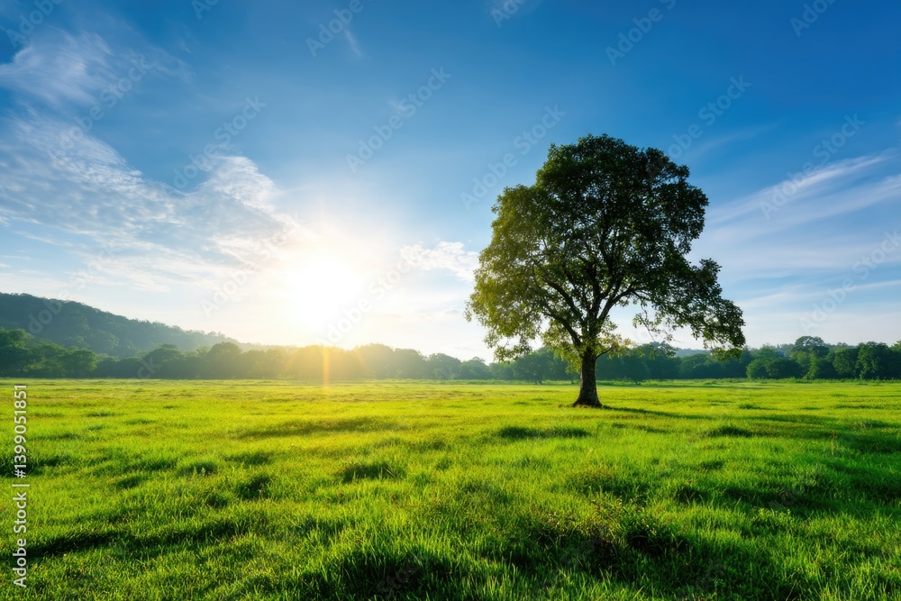 A vibrant green lawn adorned with a tree, basking in warm yellow sunlight under a clear blue sky. This picturesque meadow offers a stunning backdrop, perfect for web banners and nature-themed journey A vibrant green lawn adorned with a tree, basking in warm yellow sunlight under a clear blue sky. This picturesque meadow offers a stunning backdrop, perfect for web banners and nature-themed journey