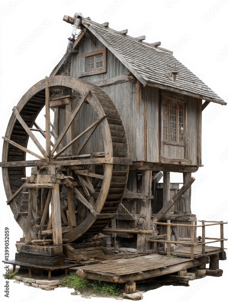 Old Wooden Water Mill on White Background, Photograph. Rustic, historic structure. Traditional architecture, water power concept. Weathered wood, river mill. Old Wooden Water Mill on White Background, Photograph. Rustic, historic structure. Traditional architecture, water power concept. Weathered wood, river mill.