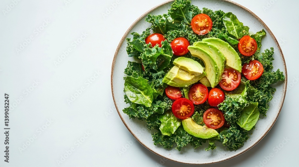 Top-down shot of a healthy salad with kale, cherry tomatoes, and avocado Top-down shot of a healthy salad with kale, cherry tomatoes, and avocado