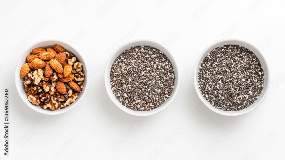 Top-down view of healthy snacks like walnuts, almonds, and chia seeds in bowls on a white background Top-down view of healthy snacks like walnuts, almonds, and chia seeds in bowls on a white background