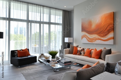 Sala de estar minimalista com paredes de concreto aparente, iluminação embutida no teto, janelas amplas com vista urbana e decoração neutra, IA generativa