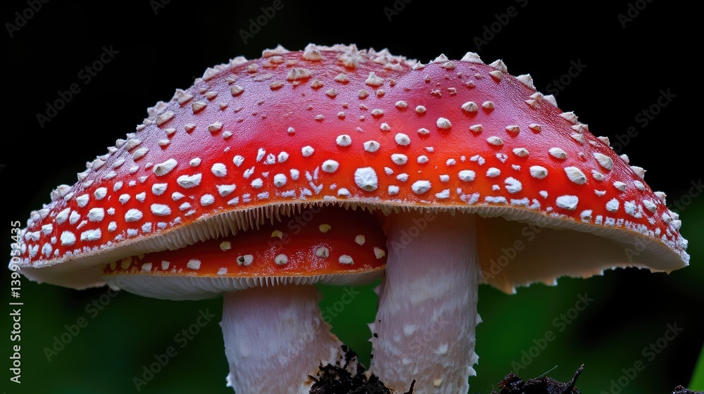 Vivid red and white speckled mushroom