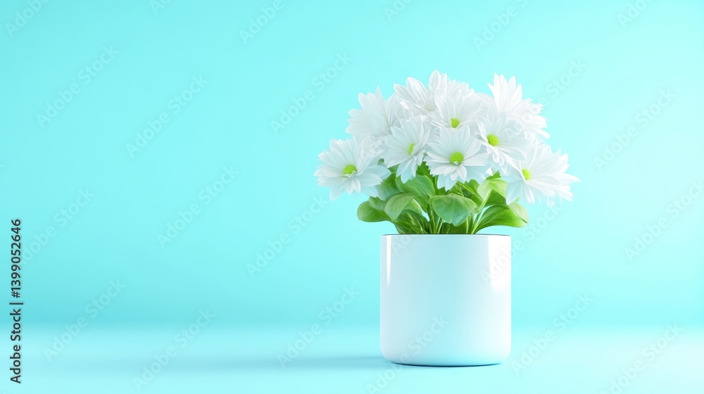 White Chrysanthemums in Pot Minimalist Style, High-Quality Soft Lighting, Wide Shot Simple Arrangement, Peaceful Bloom Display, Aqua Blue Background, Serene Mood, Perfect for Spring Greetings