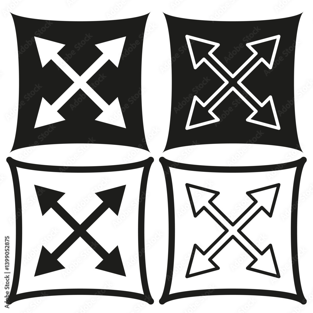 Arrow expansion icon. Black directional symbol. Four way vector. Navigation simple design.
