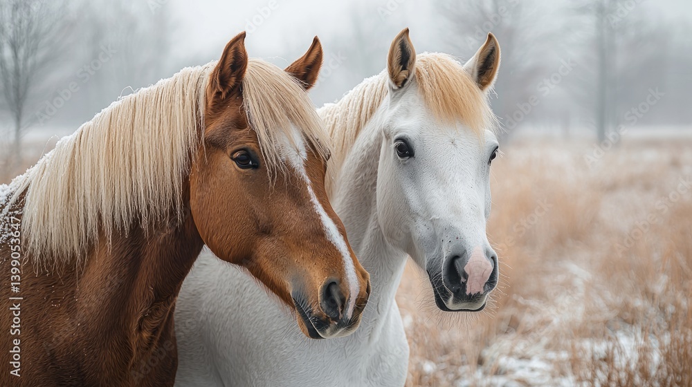 Fototapeta premium Majestic Horses in a Snowy Landscape Embracing Winter Serenity