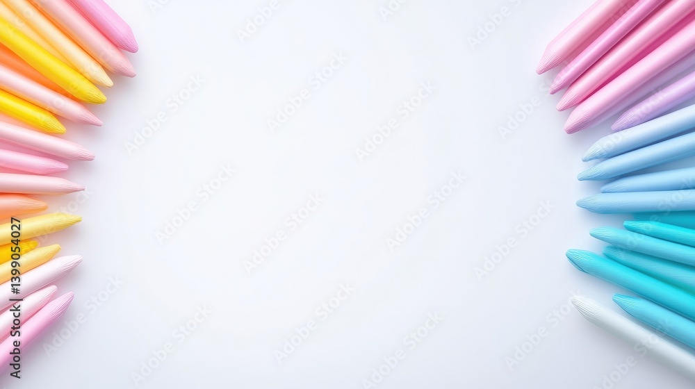 Colorful crayons arranged in a symmetrical frame on a white background