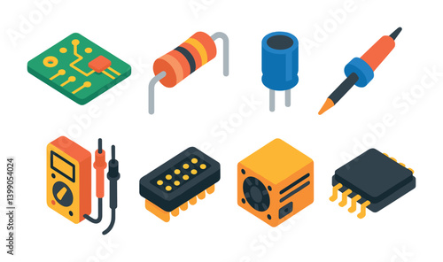 Isometric flat vector set of icons of electronic gear: circuit board, resistor, capacitor, soldering iron, multimeter, connector, power supply, microchip. isolated transparent background.
