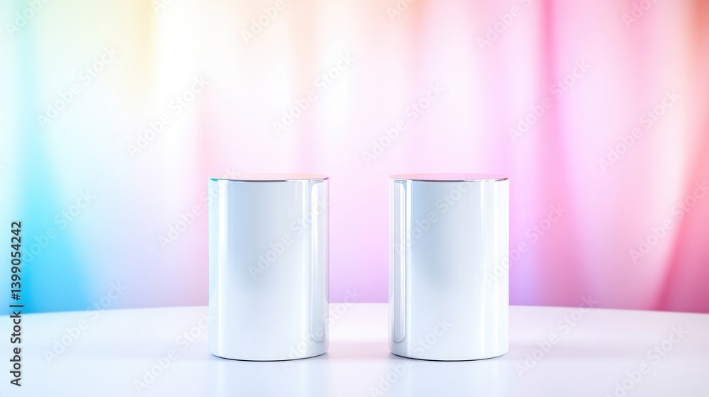 Two blank, cylindrical podiums on a white surface, against a vibrant, colorful background Two blank, cylindrical podiums on a white surface, against a vibrant, colorful background