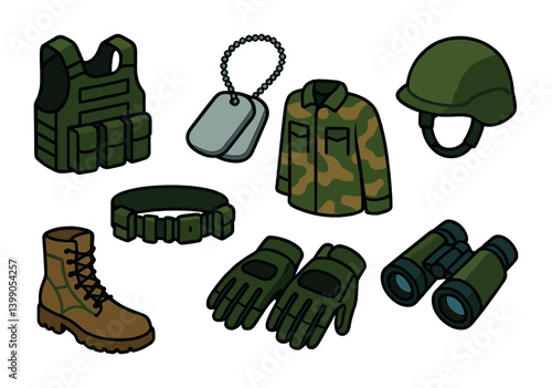 Isometric flat vector set of icons of military gear: tactical vest, dog tags, camouflage gear, helmet, boots, utility belt, tactical gloves, binoculars. isolated transparent background.