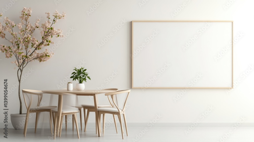 A modern dining set with wooden chairs and round table in a minimalist living room, potted plant and framed artwork on white wall, and bright interior design concept.