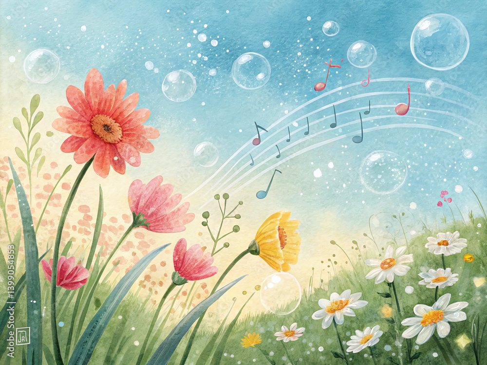 Obraz premium Enchanting floral melody dances through a sunlit meadow filled with sparkling bubbles on a beautiful spring day celebrating love and appreciation