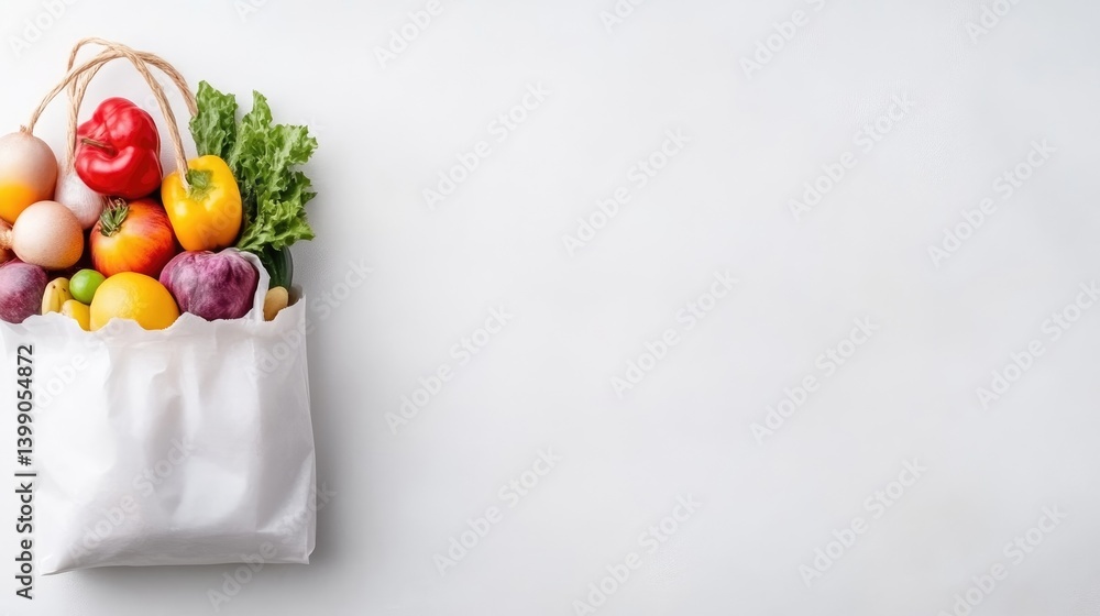 Fresh produce in a paper bag. Colorful vegetables and greens fill a white paper bag, ready for use